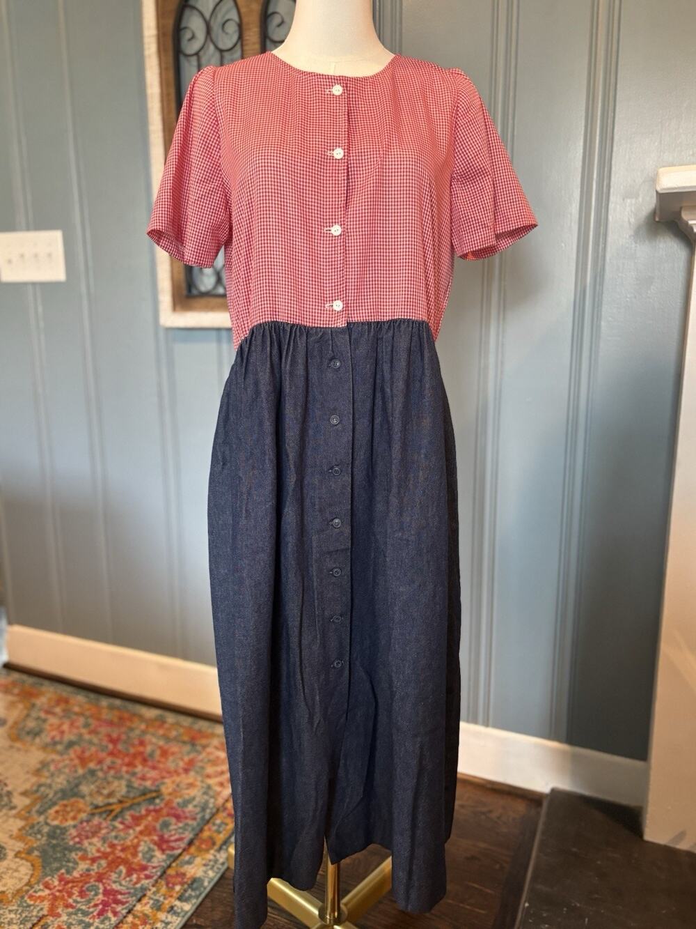 Women's Handmade Prairie Cottage-Core Red Gingham Button-Denim Maxi Dress